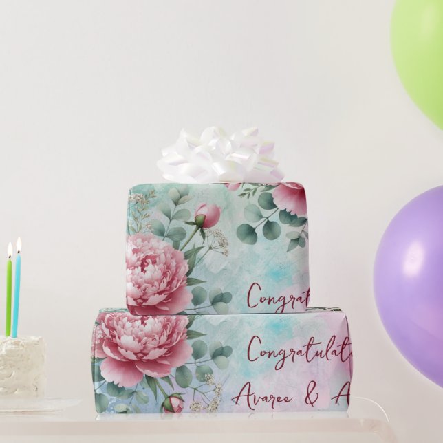 Rosa Peonings auf blauem/rosa Hochzeit/Dusche Geschenkpapier (Partygeschenke)