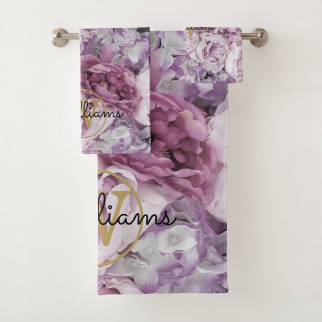 Rosa Peony Floral Elegante Gold Monogram Badhandtuch Set (Insitu)