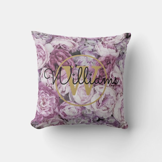 Rosa Peony Floral Gold Monogram Name Kissen (Vorderseite)