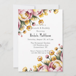 Rosa Peony und gelbe Blumenbrunch & Bubbly Einladung