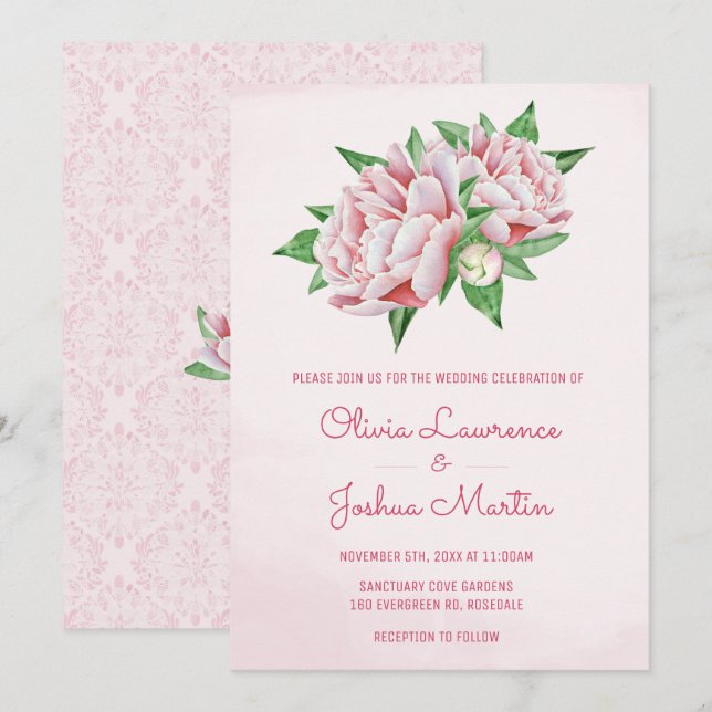 Rosa Peony Watercolor Einladungen für Hochzeiten (Vorne/Hinten)