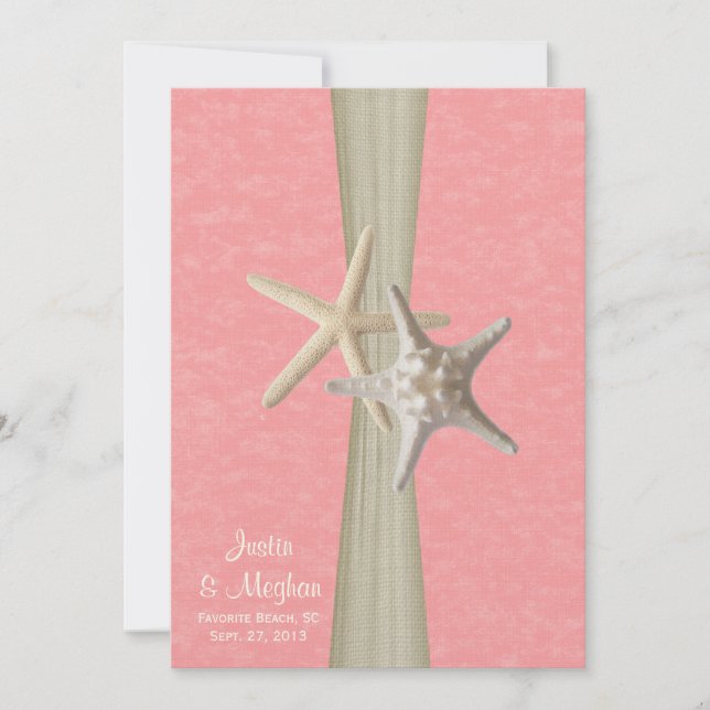 Rosa Pergament und Hochzeit am Strand von Starfish Einladung (Vorderseite)