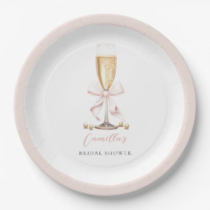 Rosa Perlen & Prosecco-Schleife Brautparty Pappteller