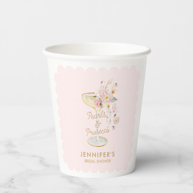 Rosa Perlen und Prosecco-Brautparty Pappbecher (Rückseite)