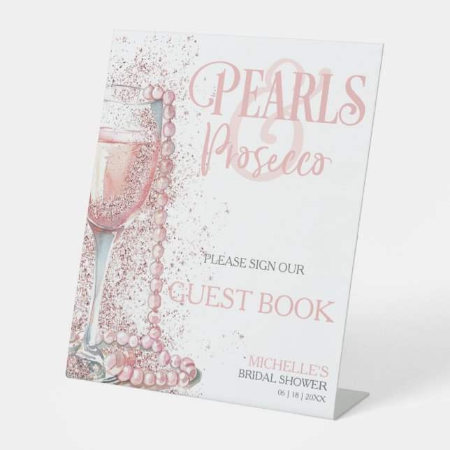 Rosa Perlen und Prosecco-Gästetisch Sockelschild (Vorderseite)