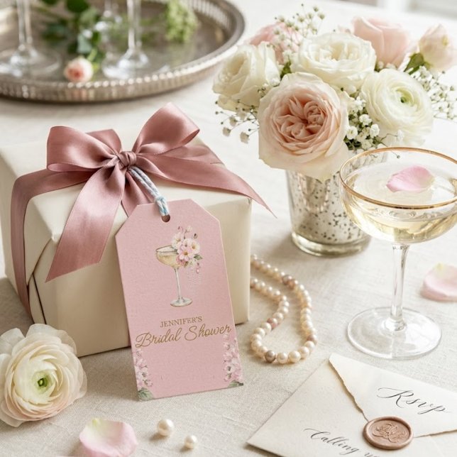 Rosa Perlen und Prosecco Willkommensschild Geschenkanhänger (Von Creator hochgeladen)