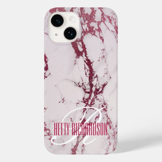 Rosa Personalisiert Lush-Glitzer-Marmormonogramm Case-Mate iPhone 14 Hülle (Rückseite)