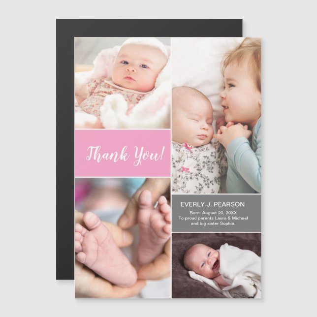 Rosa Personalisierte 2. Babydusche Foto Collage Magnetkarte (Vorne/Hinten)