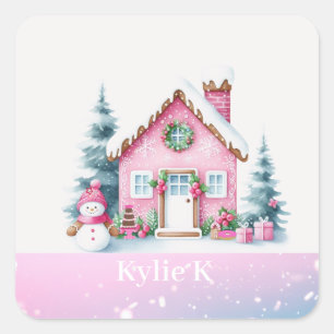 Rosa personalisiertes Weihnachts-Gebäckhaus Quadratischer Aufkleber