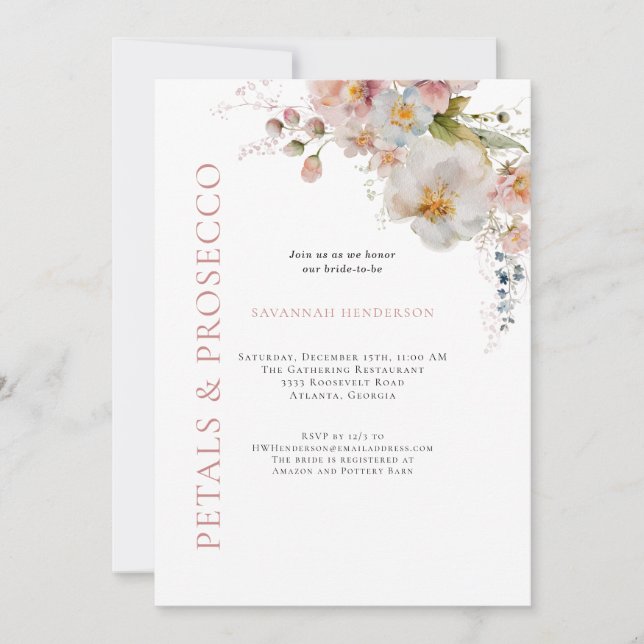 Rosa Petalen und Prosecco Brautparty Einladung (Vorderseite)