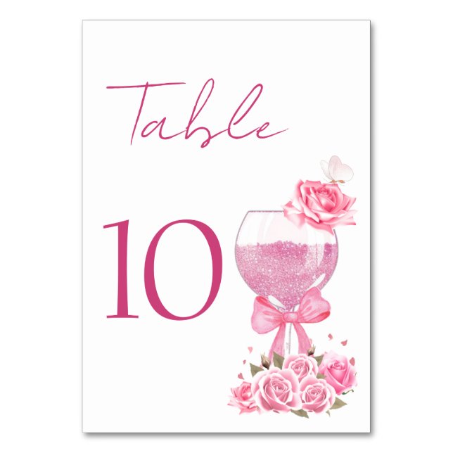 Rosa Petals & Prosecco Brautparty Tischkarte Tischnummer (Vorderseite)