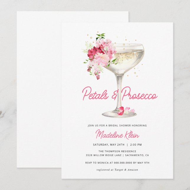Rosa Petals und Prosecco Bridal Dusche Einladung (Vorne/Hinten)