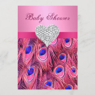 Rosa Pfau-Diamant-Herz-Babyparty-Einladung Einladung