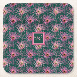 Rosa PfauenFedern und Monogramm auf Grün Rechteckiger Pappuntersetzer