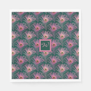 Rosa PfauenFedern und Monogramm auf Grün Serviette