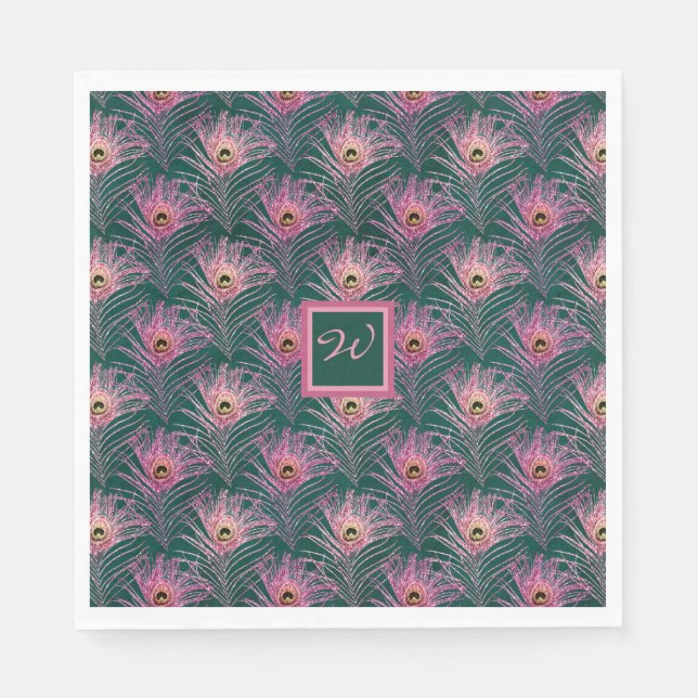 Rosa PfauenFedern und Monogramm auf Grün Serviette (Vorderseite)