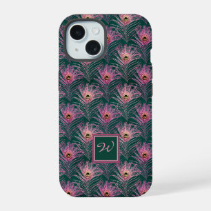 Rosa Pfauenfedern und Monogramm auf Tiefgrün iPhone 15 Hülle