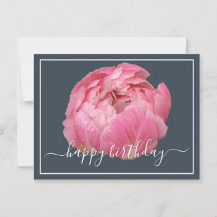 Rosa Pfingstrose mit Tautropfen grauer Hintergrund Postkarte