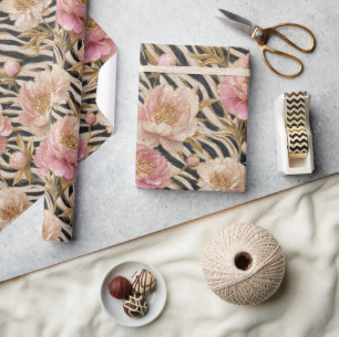 Rosa Pfingstrose Zebra Gold Elegant Geschenkpapier