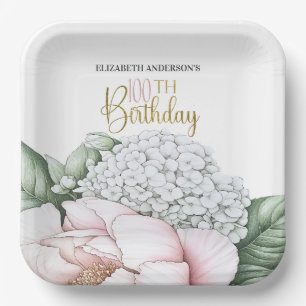 Rosa Pfingstrosen-Blumen-100. Geburtstag Pappteller
