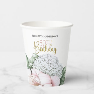 Rosa Pfingstrosen-Blumen 50. Geburtstag  Pappbecher