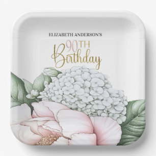 Rosa Pfingstrosen-Blumen-90. Geburtstag Pappteller