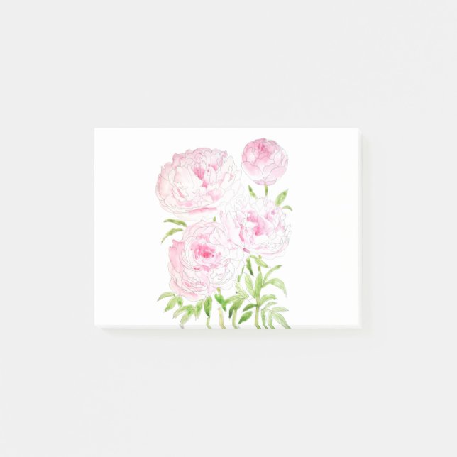 rosa Pfingstrosen-Blumen Aquarell und Tinte Post-it Klebezettel (Vorderseite)