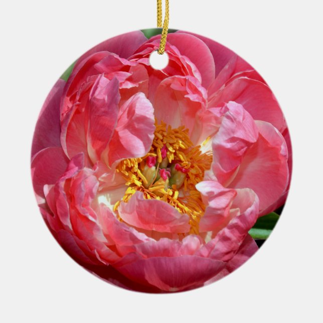 Rosa Pfingstrosen-Blumen-Weihnachtsverzierung Keramikornament (Vorne)