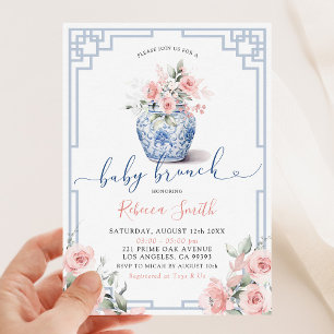 Rosa Pfingstrosen-Blüten Chinoiserie Baby-Brunch Einladung
