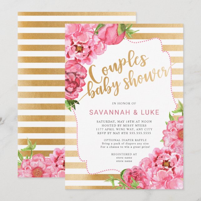 Rosa Pfingstrosen der Paar-Babyparty | Gold Einladung (Vorne/Hinten)