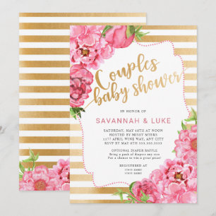Rosa Pfingstrosen der Paar-Babyparty   Gold Einladung