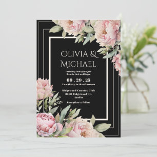 Rosa Pfingstrosen Florale Schwarze Elegante Hochze Einladung