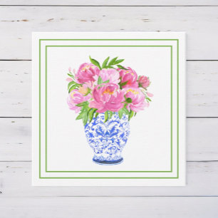Rosa Pfingstrosen in Chinoiserie-Vase mit grünem R Mitteilungskarte
