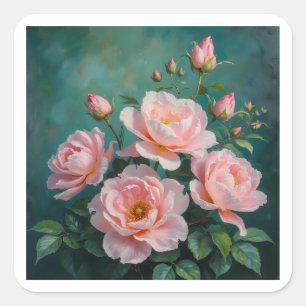 Rosa Pfingstrosen-Kunstwerk auf Smaragdgrün Quadratischer Aufkleber