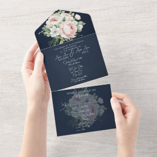 Rosa Pfingstrosen Navy Hintergrund Hochzeits Einla All In One Einladung