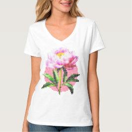 Rosa Pfingstrosen-Punkt-Mosaik-Blume V-Ausschnitt T-Shirt