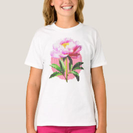 Rosa Pfingstrosen-Punkt-Mosaik-Blumen-Kind T-Shirt