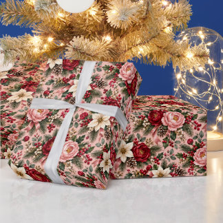 Rosa Pfingstrosen-Salbei-Kiefer-Weihnachtsblumen Geschenkpapier