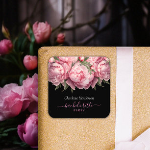Rosa Pfingstrosen Schwarze Junggesellinnenparty Quadratischer Aufkleber