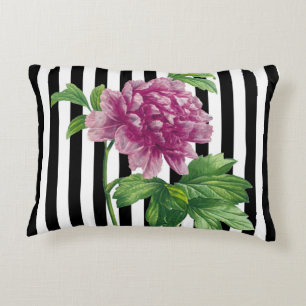 Rosa Pfingstrosen-Schwarzes Stripes Chic Zierkissen