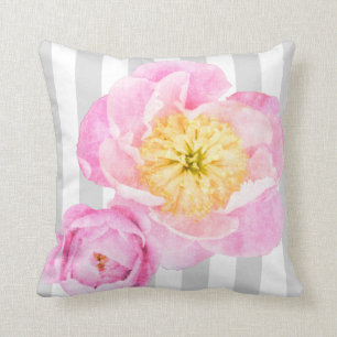 Rosa Pfingstrosen und Grau-Streifen-Monogramm Kissen