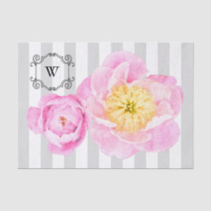 Rosa Pfingstrosen und Grau-Streifen-Monogramm Seidenpapier
