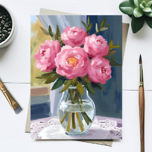 Rosa Pfingstrosenstrauß Wasserfarben-Blumenmalerei Postkarte