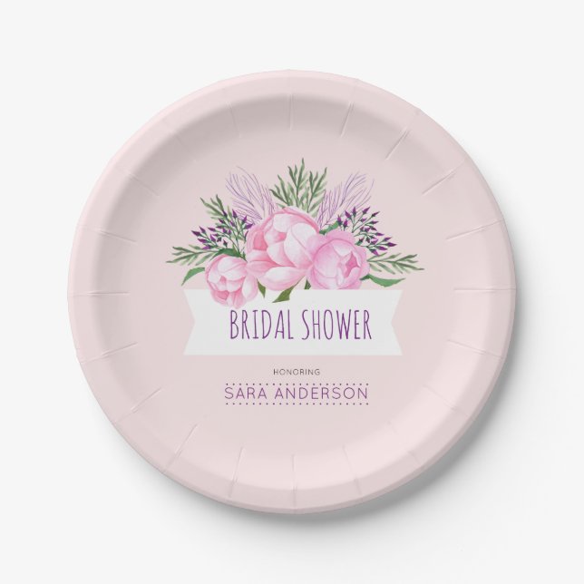 Rosa Pfingstrosenwatercolor-Brautparty Pappteller (Vorderseite)