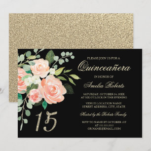 Rosa Pfirsich Blume Gold Glitter Quinceanera Einladung