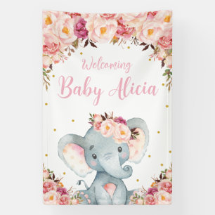 Rosa Pfirsich-Blumen-Elefanten-Baby-Shower-Kulisse Banner