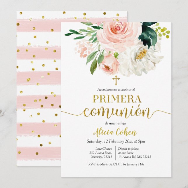 Rosa Pfirsich Flora Primera comunión Einladung (Vorne/Hinten)