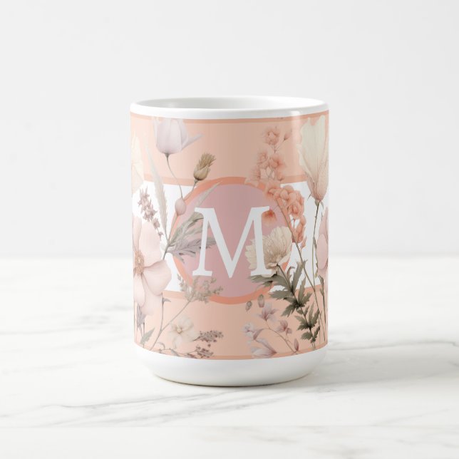 Rosa & Pfirsich schöne Wildblumen Monogramm  Kaffeetasse (Mittel)