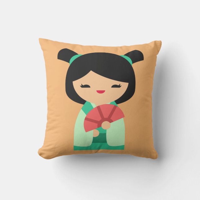 Rosa Pfirsich und Aqua Kokeshi japanische Puppen Kissen (Vorderseite)