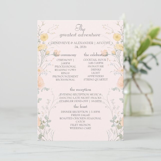 Rosa Pfirsich Wildblumen Gefaltete Hochzeitstischk Programm (Stehend Vorderseite)